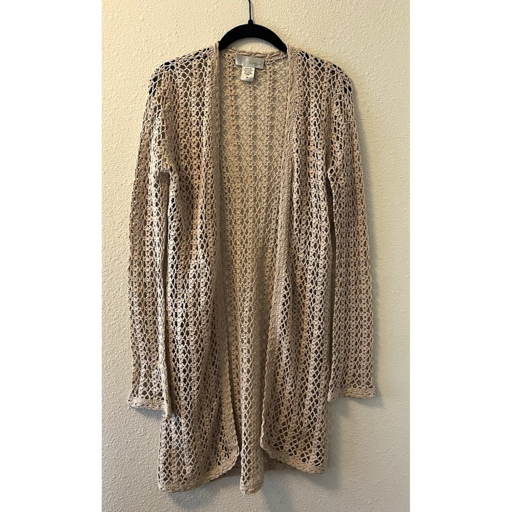 Vintage Y2K Women's Crochet Knit Duster Sweater Size Medium Beige Cottagecore